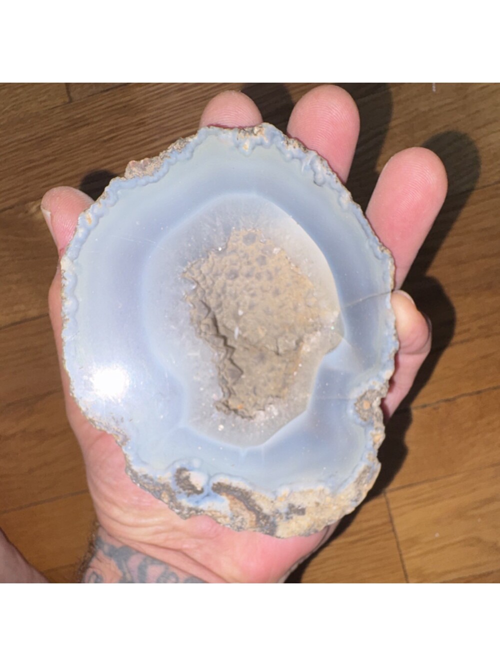 Agate Geode Crystal Mineral Display Specimen, Light Blue and Beige